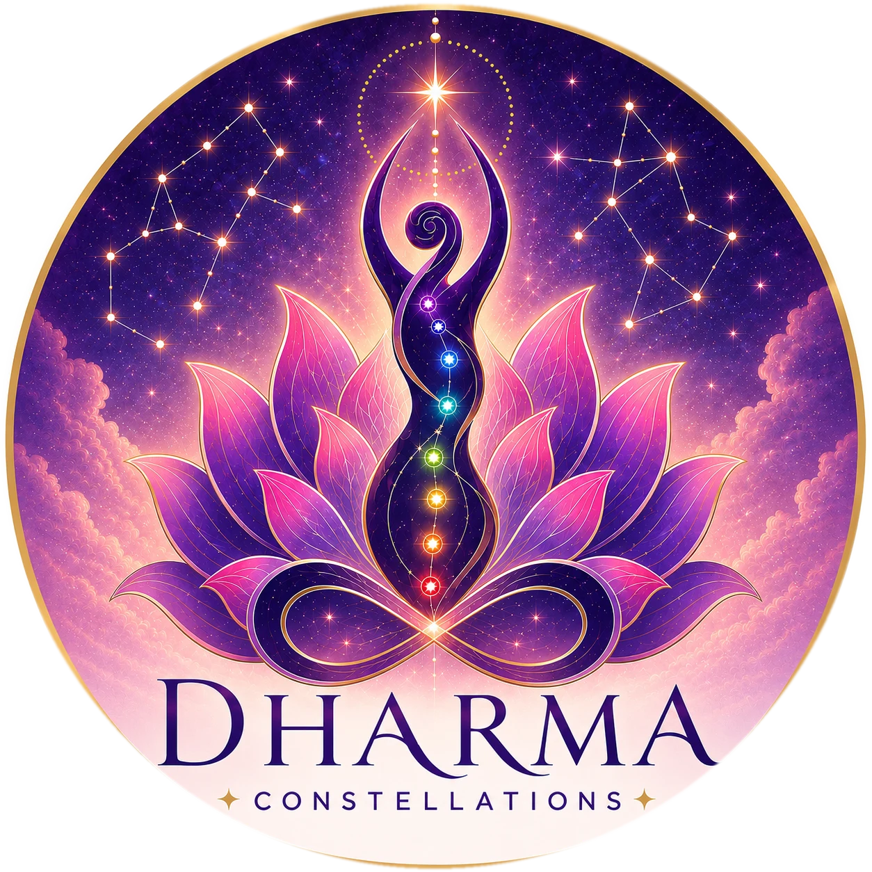 Dharma Constellations — the painted emblem: a chakra figure rising from a lotus under a night sky of constellations
